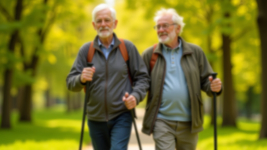 Seniore un seniors kopā nūjošanas pastaigā, mierīgā parkā ar zaļiem kokiem